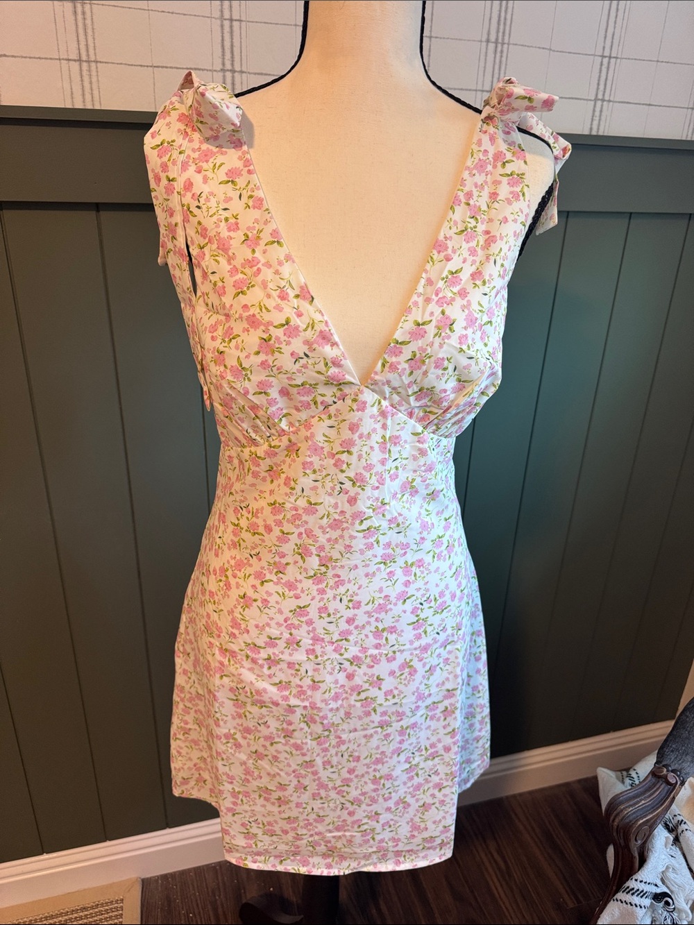 Floral Tie-Shoulder V-Neck Mini Dress - Pink & Green